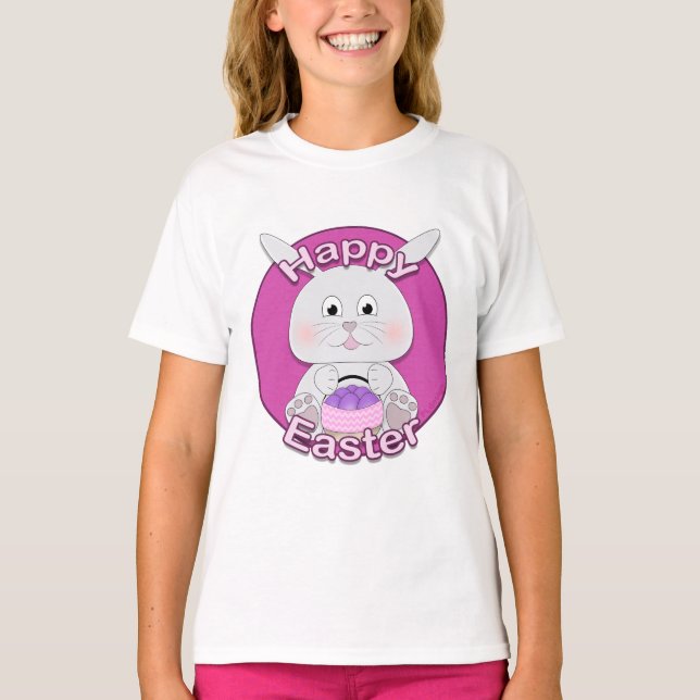 Cute Pink Bunny Girl with Easter eggs basket T-Shirt (Front)