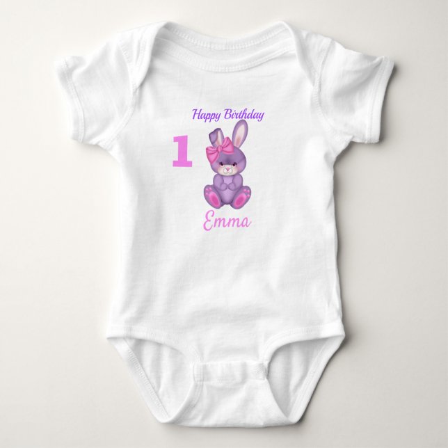 Cute Pink Bunny Girls Birthday Name & Age Baby Bodysuit (Front)