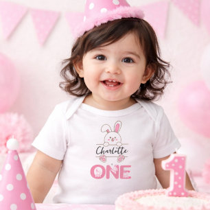Cute Pink Bunny Girl's First Birthday  Baby Bodysuit