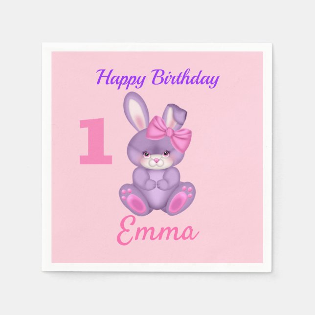Cute Pink Bunny Girls Personalise Birthday Pink Napkin (Front)
