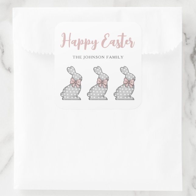 Cute Pink Bunny Happy Easter Square Sticker (Bag)