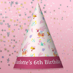 Cute pink bunny in the garden kids birthday party hat