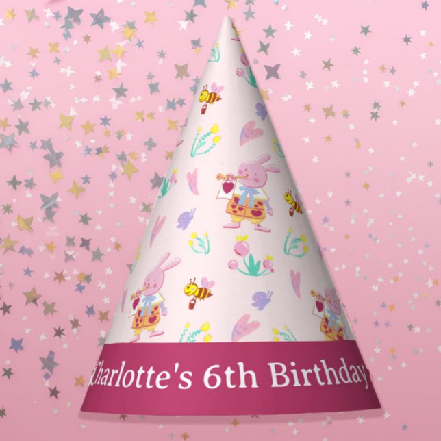 Cute pink bunny in the garden kids birthday party hat (Creator Uploaded)