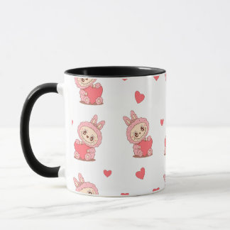 Cute Pink Bunny Monster Holding Heart – Kawaii Lov Mug