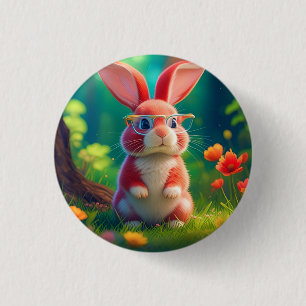 Cute Pink Bunny on Green Grass 3 Cm Round Badge