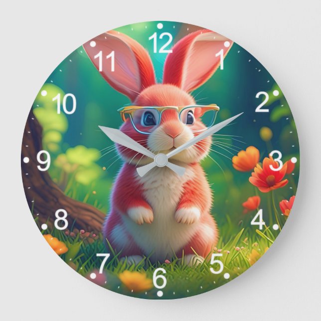 Cute Pink Bunny on Green Grass-47567 Large Clock (Front)