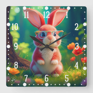 Cute Pink Bunny on Green Grass-47567 Square Wall Clock
