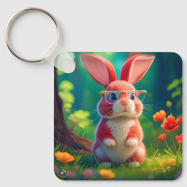 Cute Pink Bunny on Green Grass Key Ring (Front)