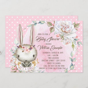 Cute Pink Bunny Rabbit Baby Shower Invitations
