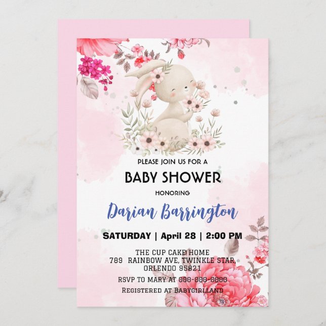 Cute pink bunny rabbit flower baby girl shower invitation (Front/Back)