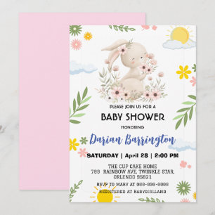 Cute pink bunny rabbit flower sun baby girl shower invitation