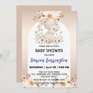Cute pink bunny rabbit flowers baby girl shower invitation
