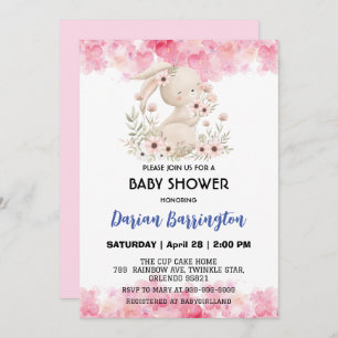 Cute pink bunny rabbit flowers baby girl shower invitation