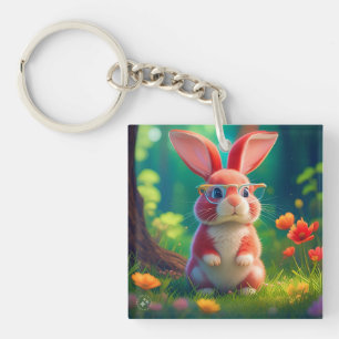 Cute Pink Bunny Sitting on Green Grass-47567 Key Ring