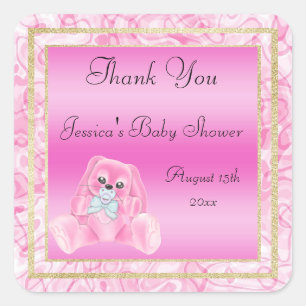 Cute Pink Bunny Thank You Baby Shower Square Sticker