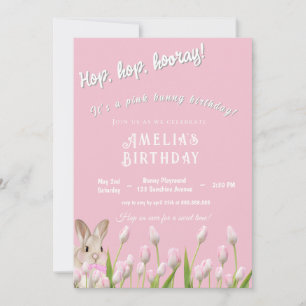 Cute Pink Bunny & Tulips Birthday Invitation 