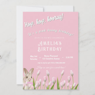 Cute Pink Bunny & Tulips Birthday Invitation 