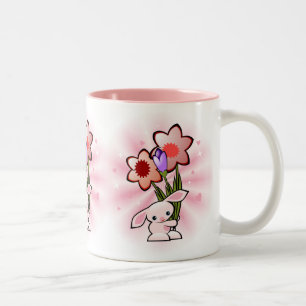 Cute Pink Bunny With Flowers Two-Tone Coffee Mug