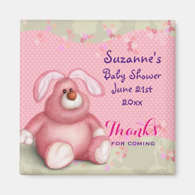Cute Pink Bunny with Hearts Baby Shower Thank You Magnet (Front)