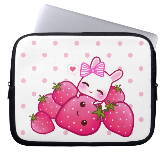 Cute pink bunny with kawaii strawberries laptop sleeve (Front)