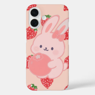 Cute Pink Bunny with Strawberry Heart  iPhone 16 Case