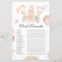 Cute pink buny ballerina baby shower word scramble