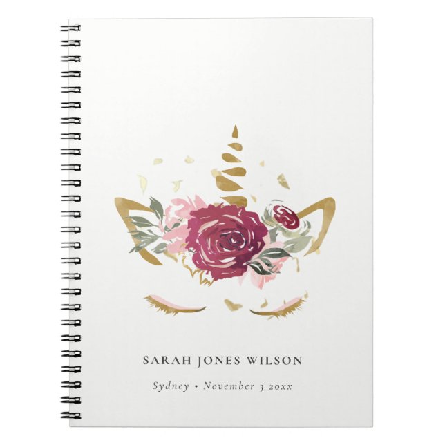 Cute Pink Burgundy Faux Gold Floral Unicorn Kids  Notebook (Front)