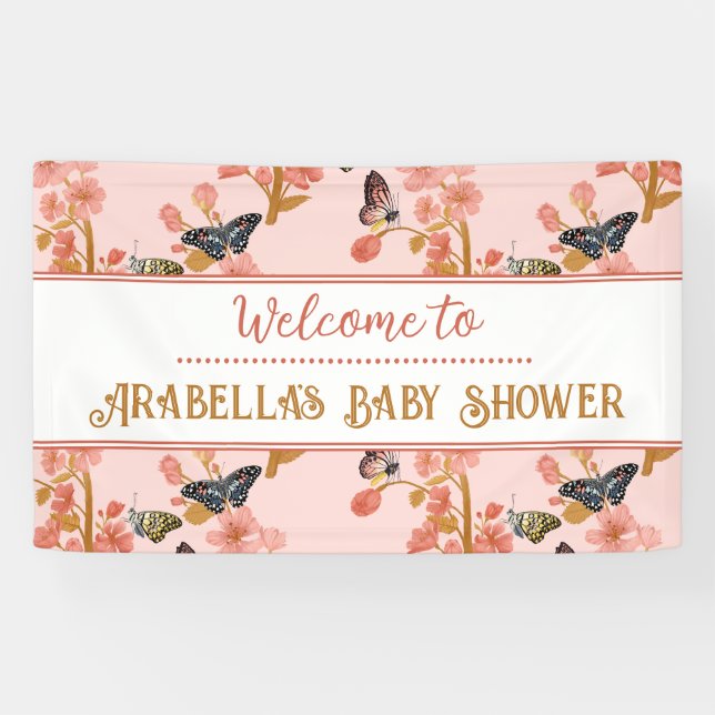 Cute Pink Butterfly Baby Shower Welcome Banner (Horizontal)