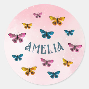 Cute Pink Butterfly Girl Birthday Classic Round Sticker