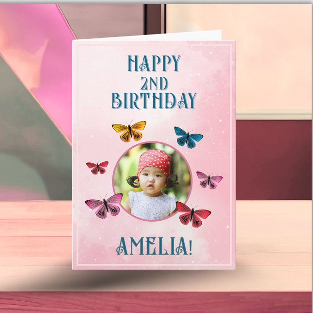Cute Pink Butterfly Girl Birthday Party Photo Card (Creator Uploaded)