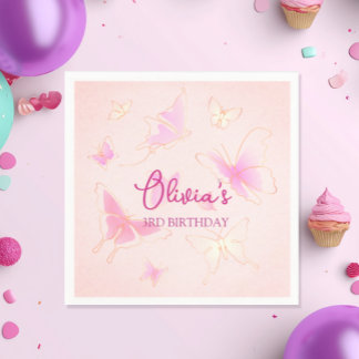 Cute Pink Butterfly Girls Birthday Party Napkin