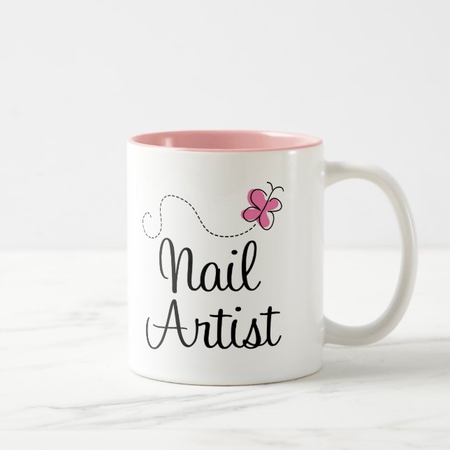 Cute Pink Butterfly Nail Artist Two-Tone Coffee Mug (Right)