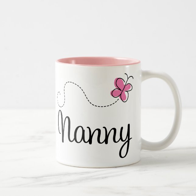 Cute Pink Butterfly Nanny Two-Tone Coffee Mug (Right)