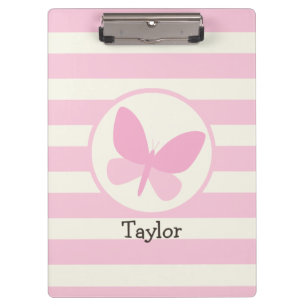 Cute Pink Butterfly on Retro Stripes Clipboard