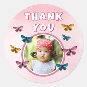 Cute Pink Butterfly Pattern Birthday Photo Classic Round Sticker