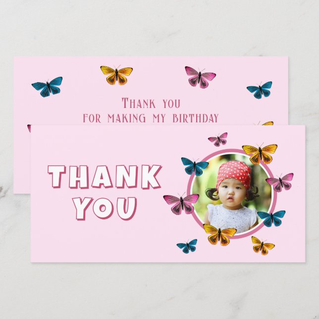 Cute Pink Butterfly Pattern Birthday Photo Thank You Card (Front/Back)