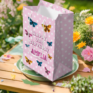 Cute Pink Butterfly Pattern Girl Happy Birthday Medium Gift Bag