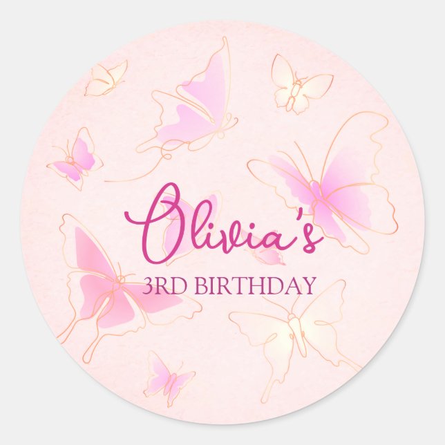 Cute Pink Butterfly Personalized Round Stickers (Front)