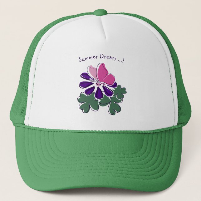 Cute Pink Butterfly Purple Flower Doodle Summer Trucker Hat (Front)