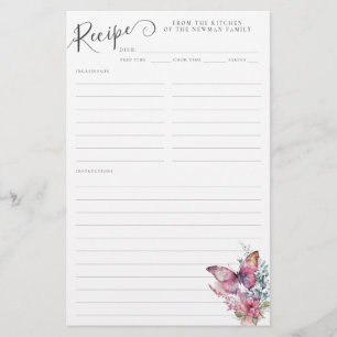 Cute Pink Butterfly Wildflower Family Recipe Card