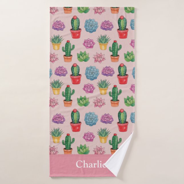 Cute Pink Cactus Bath Towel (Bath Towel)