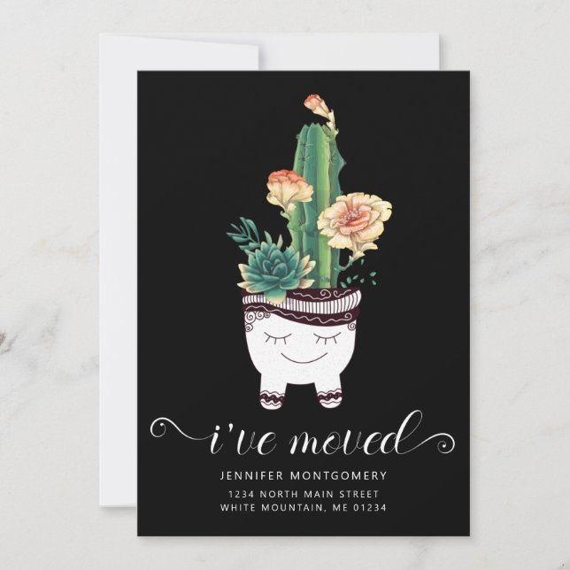 Cute Pink Cactus Succulents in Funny Pot Moving Announcement (Front)