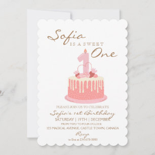 Cute Pink Cake Candle Birthday Party 1st Invitation