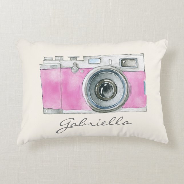 Cute Pink Camera Personalised Photographer Gift Decorative Cushion (Front)