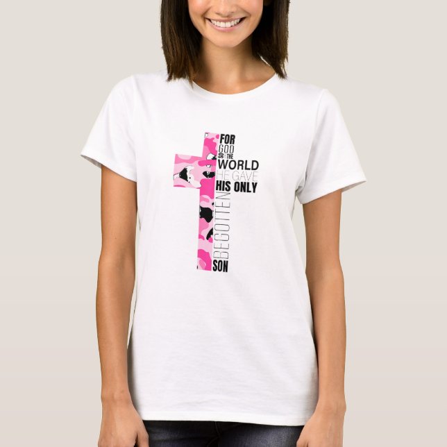 Cute Pink Camo Christian Cross Verse Women Teen Gi T-Shirt (Front)