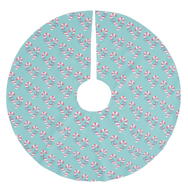 Cute Pink Candy Cane Pattern - Aqua Blue Christmas Brushed Polyester Tree Skirt (Front)