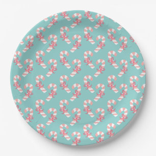 Cute Pink Candy Cane Pattern - Aqua Blue Christmas Paper Plate