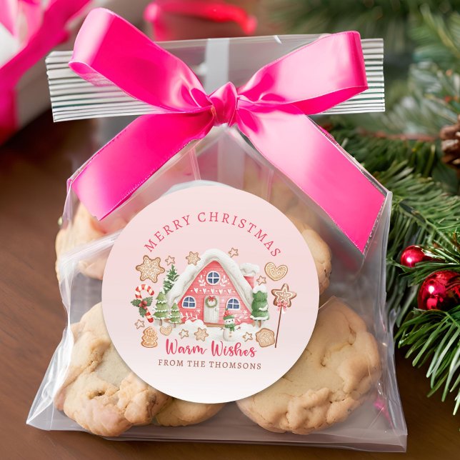 Cute Pink Candy Gingerbread House Merry Christmas Classic Round Sticker (Creator Uploaded)