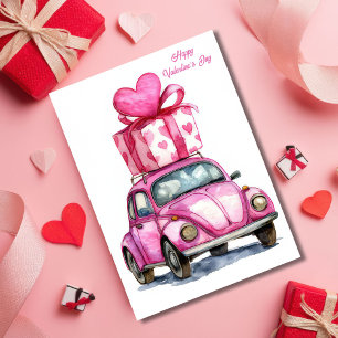 Cute Pink Car Valentine`s Day Card 