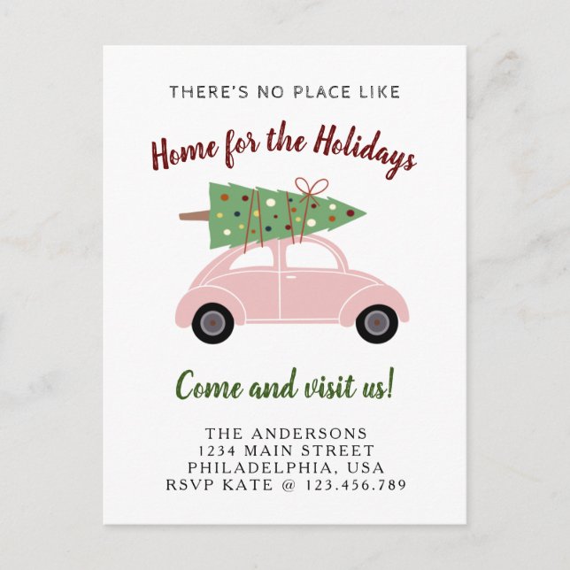 Cute Pink Car with Christmas Tree Holiday Moving Announcement Postcard (Front)